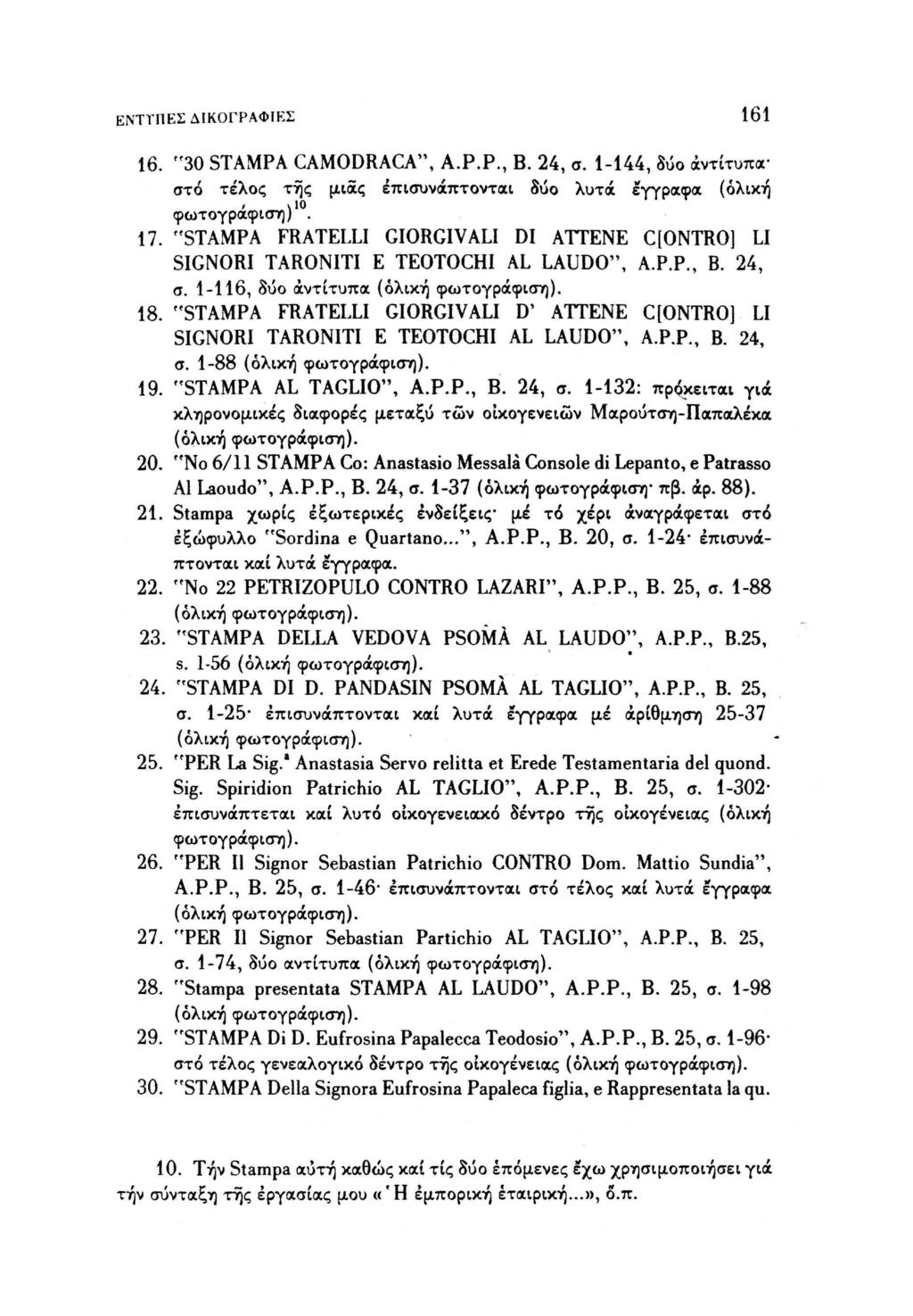ΕΝΤΤΠΕΣ ΔΙΚΟΓΡΑΦΙΚΣ 161 16. "30 STAMPA CAMODRACA", Α.P.P., Β. 24, σ. 1-144, δύο αντίτυπα στο τέλος της μιας επισυνάπτονται δύο λυτά έγγραφα (ολική / ν ίο φωτογραφιση;. 17.