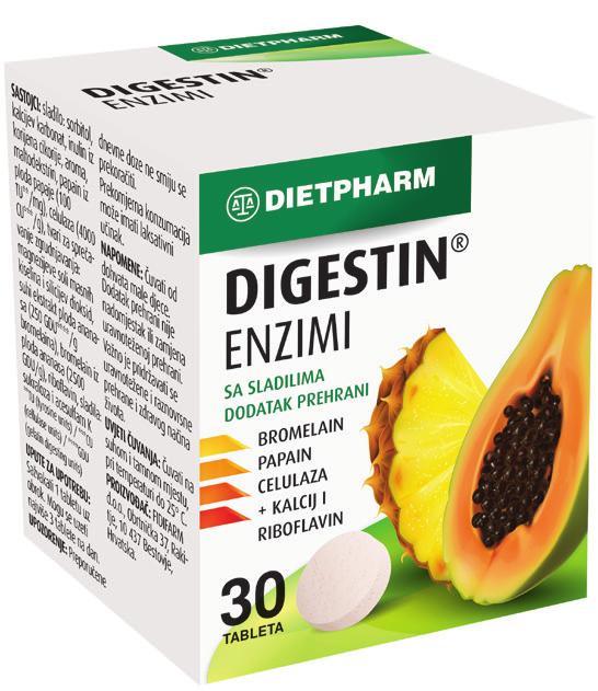 DIGESTIN Bromelaina dhe papaina janë enzima që në mënyrë natyrale gjenden në frutin e ananasit, respektivisht në papaja, lehtësojnë dhe përmirësojnë tretjen, veprimi antiinflamator i tyre redukton