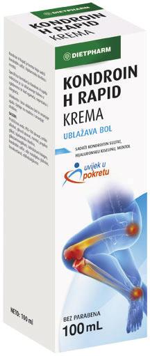 KONDROIN H RAPID KREMA Kondroin H Rapid rekomandohet për lehtësimin e dhimbjeve të nyjeve, dhimbjes së ndrydhjeve, tërheqjeve, dhimbjes së muskujve, nxirjeve dhe ëntjes.
