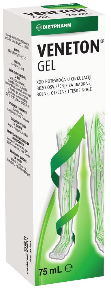 VENETON GEL Veneton gel rekomandohet te vështërsitë e qarkullimit të gjakut, në mënyrë të shpejt freskon këmbët e lodhura, të dhimbshme dhe të ënjtura.