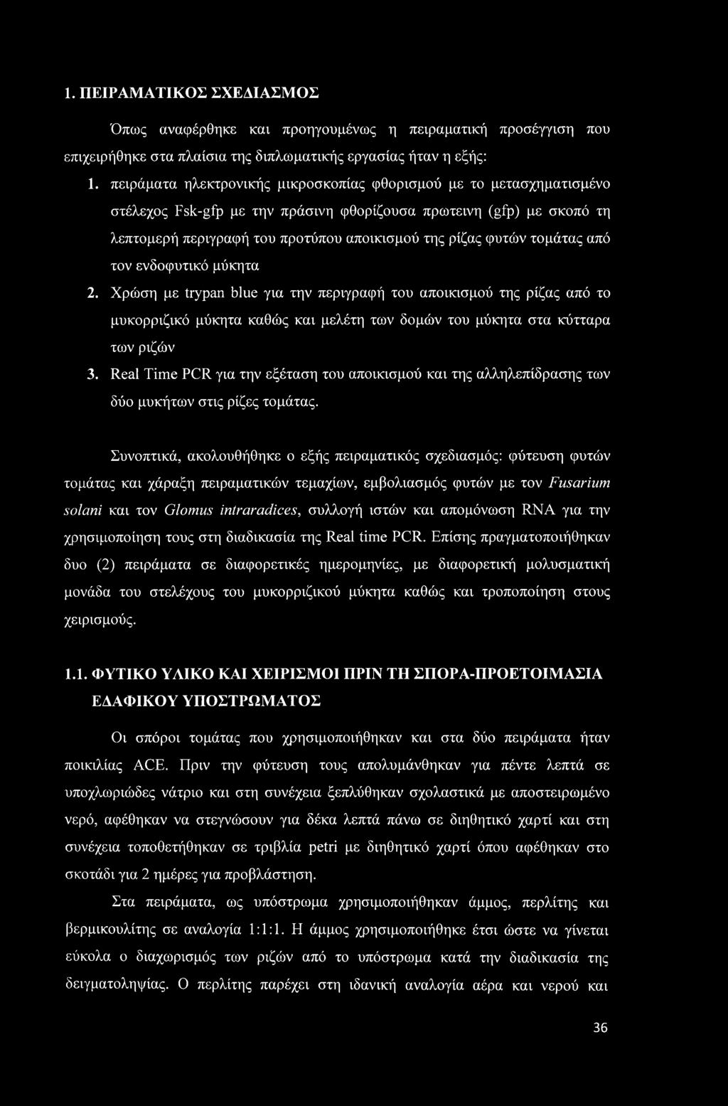 τομάτας από τον ενδοφυτικό μύκητα 2. Χρώση με trypan blue για την περιγραφή του αποικισμού της ρίζας από το μυκορριζικό μύκητα καθώς και μελέτη των δομών του μύκητα στα κύτταρα των ριζών 3.