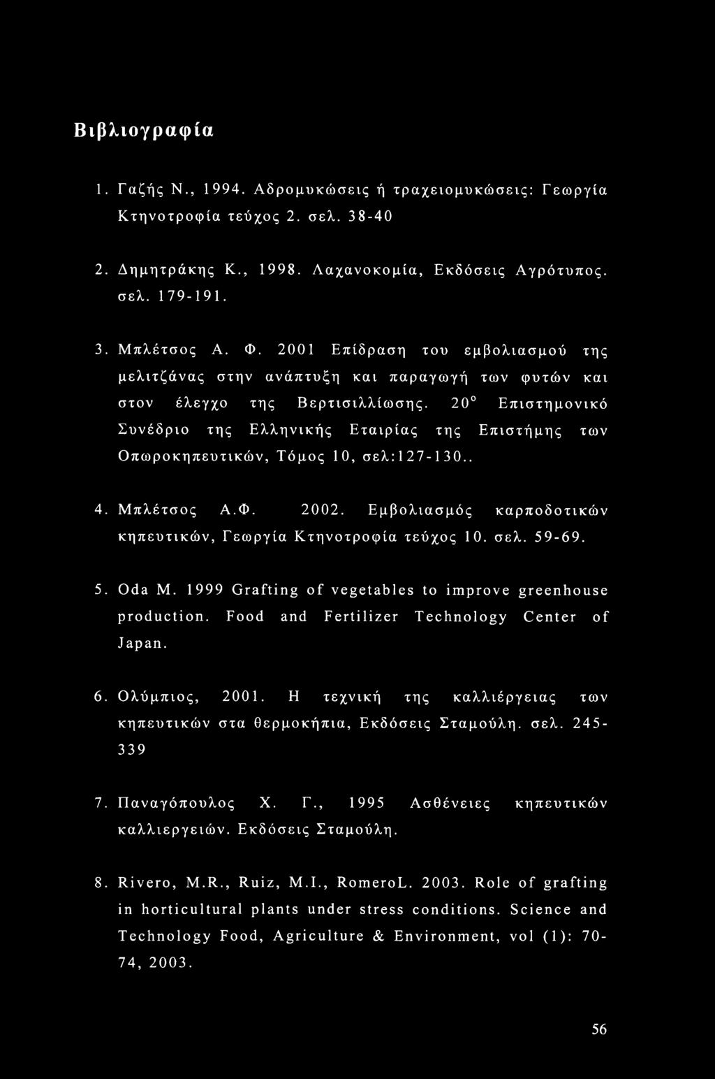 20 Επιστημονικό Συνέδριο της Ελληνικής Εταιρίας της Επιστήμης των Οπωροκηπευτικών, Τόμος 10, σελ: 1 27-1 30.. 4. Μπλέτσος Α.Φ. 2002. Εμβολιασμός καρποδοτικών κηπευτικών, Γεωργία Κτηνοτροφία τεύχος 10.
