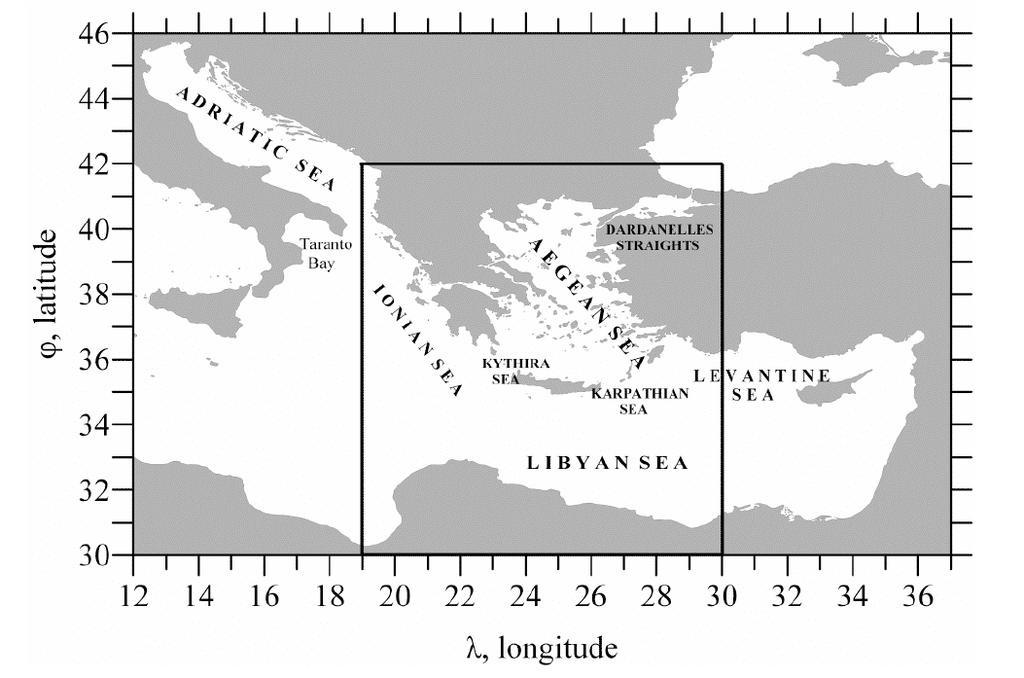 Εικόνα 67: περιοχή μελέτης για τον υπολογισμό της κυματικής ενέργειας στις ελληνικές θάλασσες Αρχικά η περιοχή μελέτης που μας ενδιαφέρει έχει διακριτοποιηθεί μέσω ενός πλέγματος διαστάσεων 0.1ºx