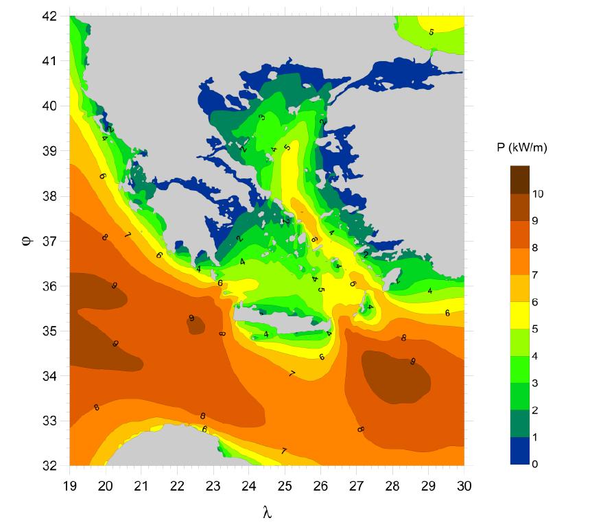 Εικόνα 70: Μέση ετήσια κυματική ενέργεια στις ελληνικές θάλασσες.