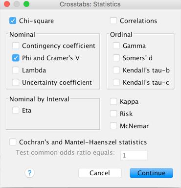 Ο έλεγχος χ 2 στο SPSS Ø Η διαδικασία Crosstabs o Analyze à Descriptive Statistics à Crosstabs Κλικ στο πλήκτρο Statistics και επιλογή των