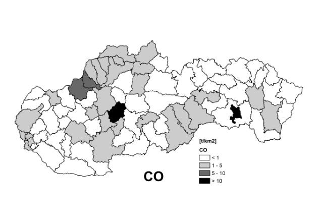 Tab. 4.6 Emisie zo stacionárnych zdrojov v SR za rok 214 v územnom členení za okresy Obr. 4.3 Merné územné emisie 214 Merné územné emisie Emisie [t/rok] Okres [t/rok.