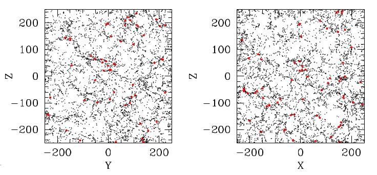 Σχήμα 4.1: Κατανομή στο χώρο των άλω με μάζα M > 10 13 M (μαύρα σημεία) και με μάζα M > 10 14 M (κόκκινα σημεία).