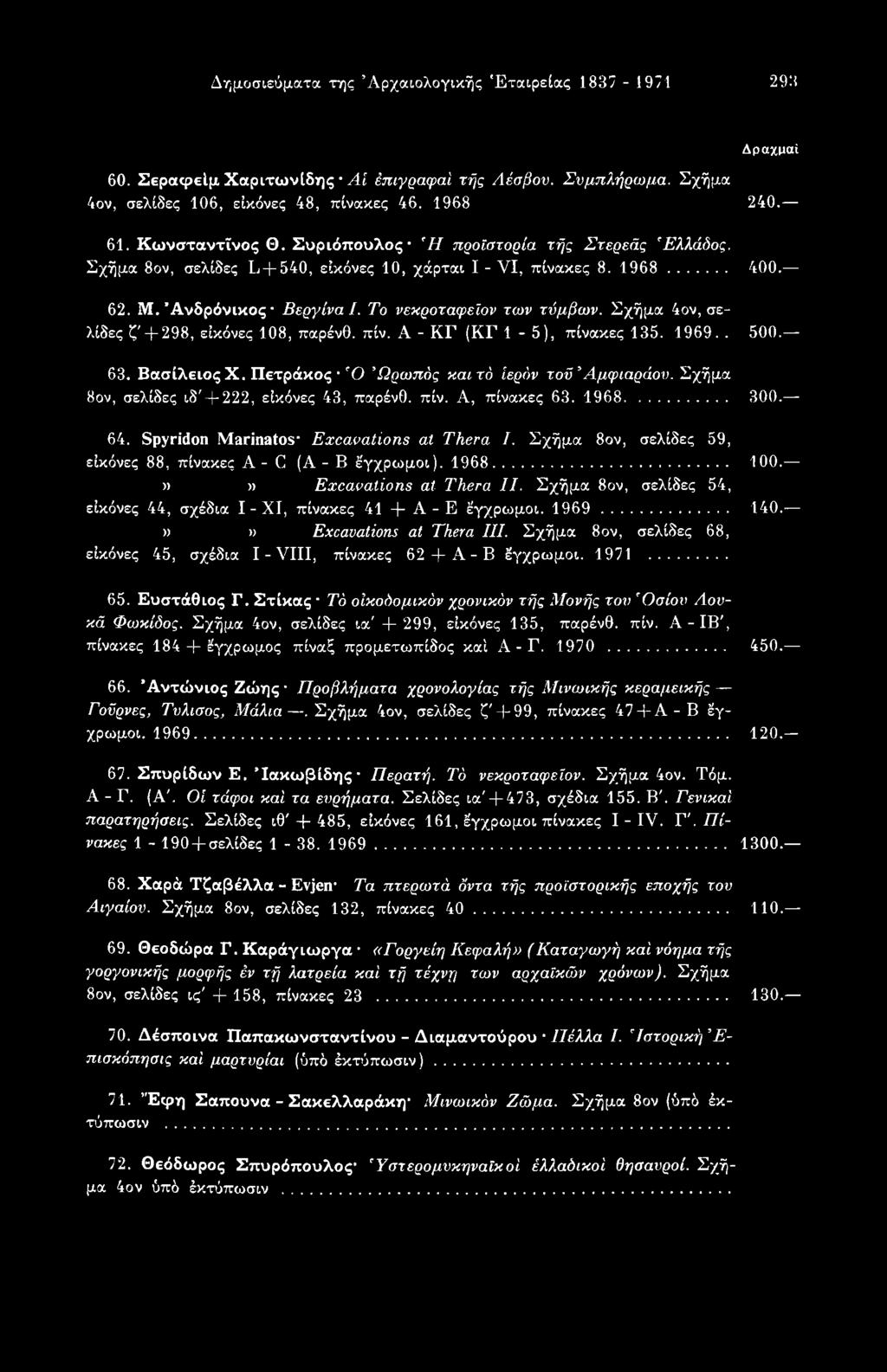 1968... 100.»» Excavations at Thera II. Σχήμα 8ov, σελίδες 54, εικόνες 44, σχέδια I - XI, πίνακες 41 + A - E έγχρωμοι. 1969... 140.»» Excavations at Thera III.