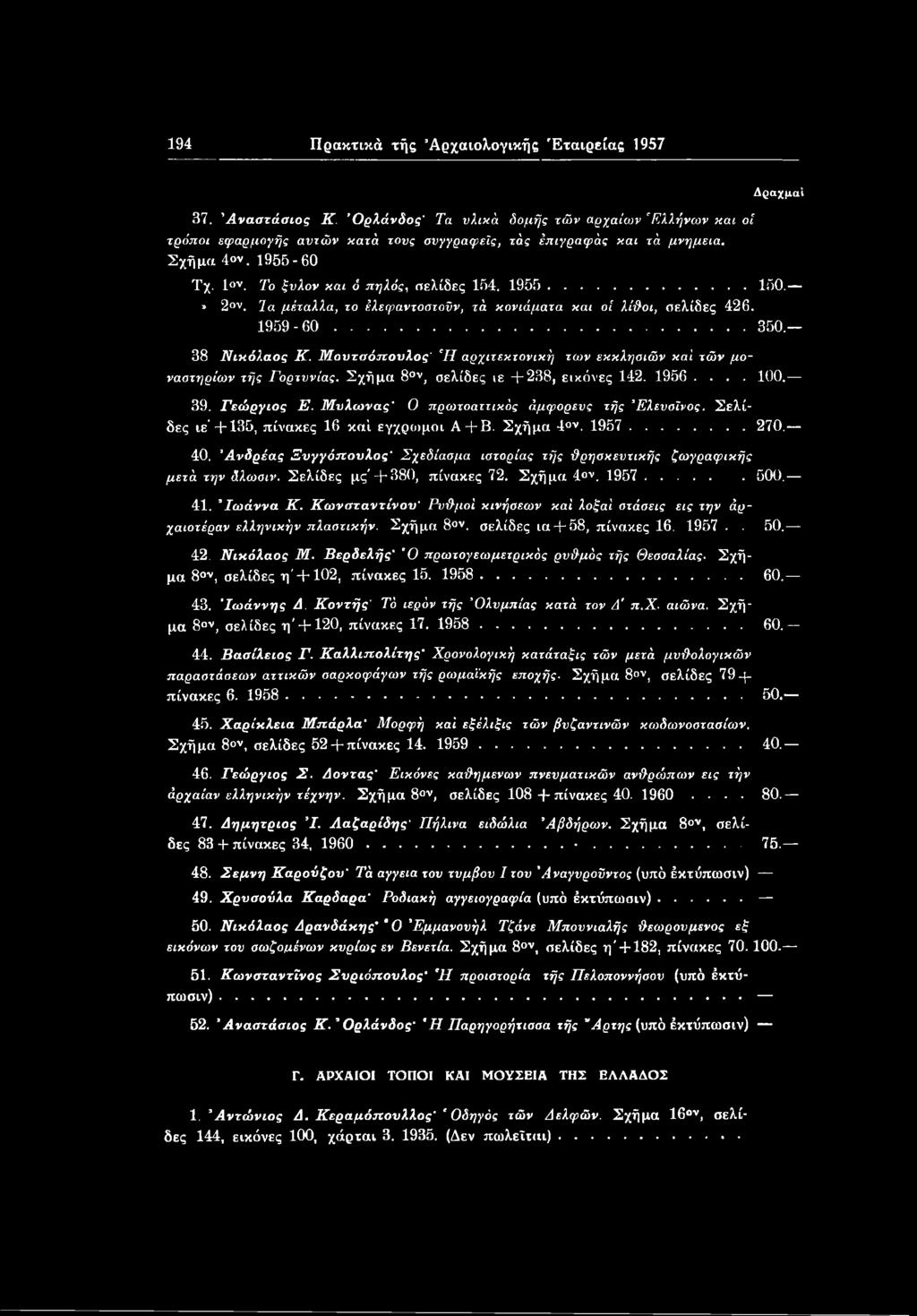 Σχήμα 4ον. 1957... 500. 41. 9Ιωάννα Κ. Κωνσταντίνου' Ρυθμοί κινήσεων καί λοξαί στάσεις εις την άρχαιοτέραν ελληνικήν πλαστικήν. Σχήμα 8 ν, σελίδες ια + 58, πίνακες 16. 1957.. 50. 42. Νικόλαος Μ.