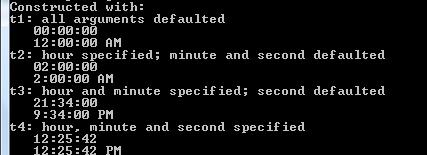 t1: all arguments defaulted 00:00:00 12:00:00 AM.