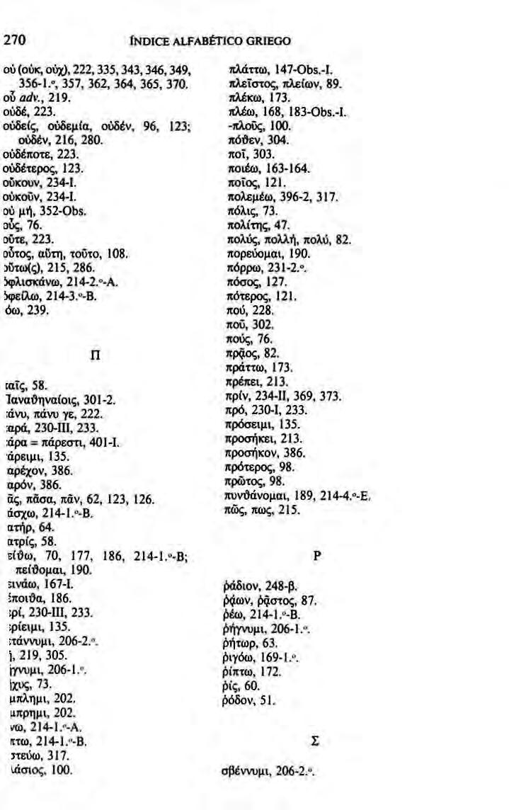 270 ÍNDICE ALFABÉTICO GRIEGO ού (ούκ, ούχ), 222,335,343,346,349, 356-ΐΛ 357, 362, 364. 365, 370. oj adv., 219. ουδέ, 223. ουδείς, ουδεμία, ουδέν, 96, 123; ουδέν, 216, 280. ουδέποτε, 223.