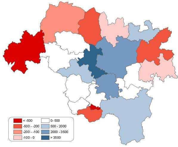 Saldos migratorios Mapa 2.10. Saldos migratorios, 1992-2006. Fonte: IGE. A dinámica migratoria da poboación na área funcional de Santiago de Compostela pódese observar na gráfica 2.
