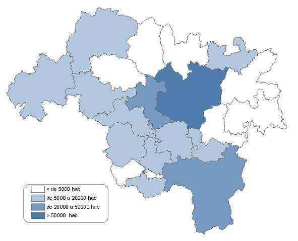 Mapa 2.3. Distribución da poboación en 2007. Identíficación dos núcleos de máis de 5000 habitántes.