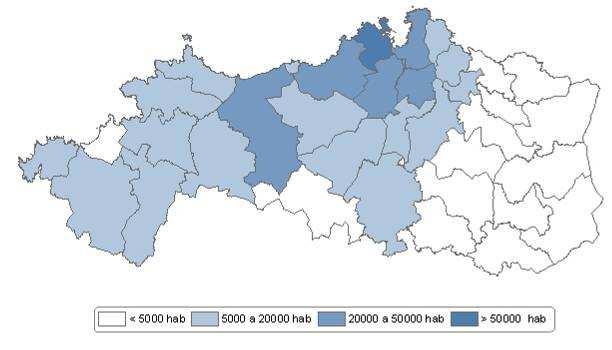 Mapa 2.3. Distribución de concellos de máis de 5.000 habitantes. Ano 2007. Fonte: IGE Espacialmente, no mapa 2.2 obsérvase coma na fachada atlántica se produce a maior concentración.