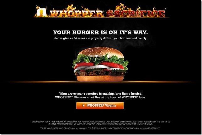 Burger King Whopper Sacrifice Διέγραψε 10 φίλους σου και κέρδισε το γεύμα σου! Μετά από μια εβδομάδα 230.