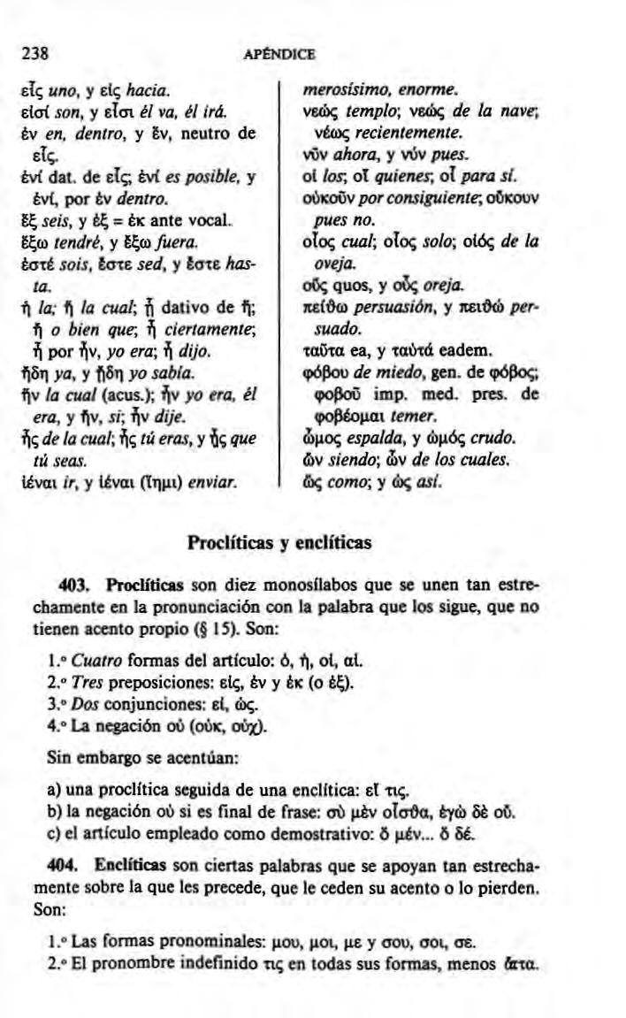 238 APÉNDICE εις uno, y είς hacia. είσί son, y είσι él va, él irá. Év en, dentro, y Ev, neutro de εις. ένί dal. de ετς; évi es posible, y évi, por év dentro. δξ seis, y έξ = έκ ante vocal.