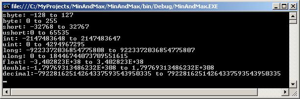 byte: 0 to 55 short: -3768 to 3767 ushort: 0 to 65535 it: -47483648 to 47483647 uit: 0 to 49496795 log: -9337036854775808 to 9337036854775807 ulog: 0 to 84467440737095565 float : -3.4083E38 to 3.