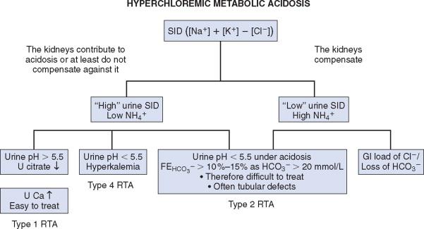 Întro acidoză cu gap anionic normal (hipercloremică) determinarea SID urinar sau a gapului anionic urinar permite dg diferențial între o cauză renală și una extrarenală (digestivă) de acidoză.