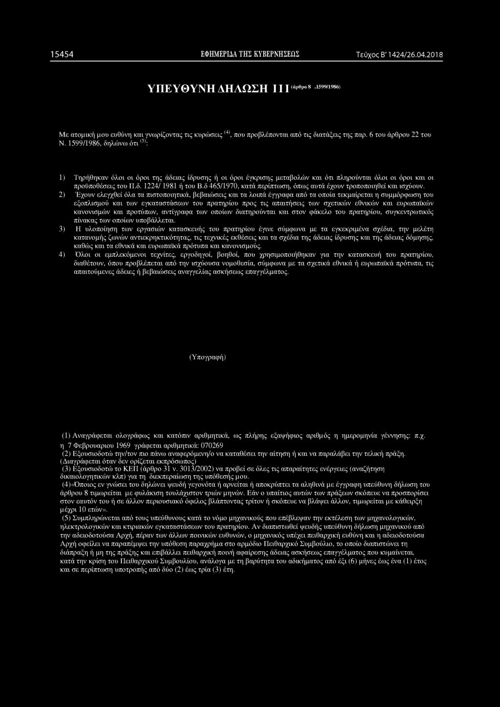 1599/1986, δηλώνω ό τι(5): 1) Τηρήθηκαν όλοι οι όροι της άδειας ίδρυσης ή οι όροι έγκρισης μεταβολών και ότι πληρούνται όλοι οι όροι και οι προϋποθέσεις του Π.δ. 1224/ 1981 ή του Β.
