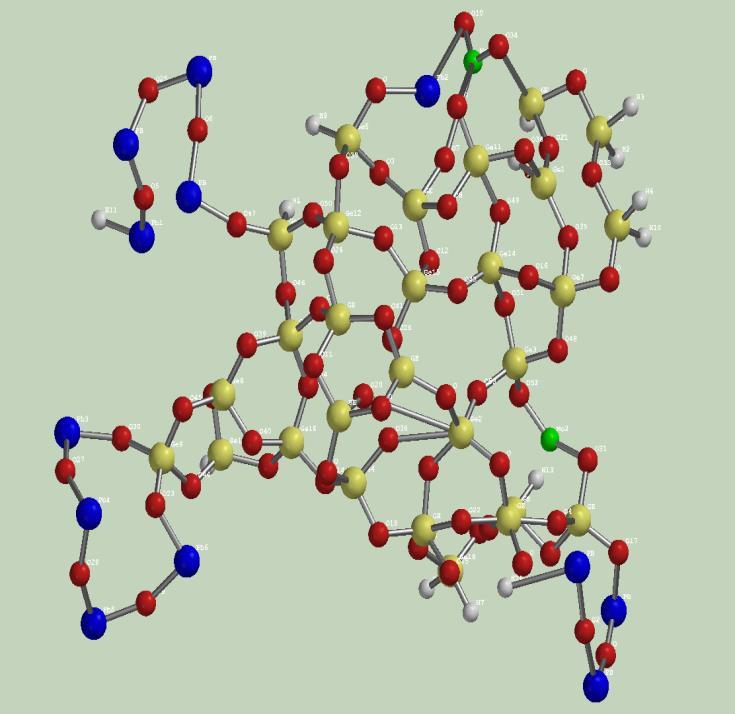 Fig. 3.7 Structura optimizata a sticlelor 20MoO 3 80[7GeO 2 3PbO] folosita pentru a realiza calculele DFT, [14] informatii detaliate legate de structura cadru Ge-O, Pb-O si a ionilor de molibden.