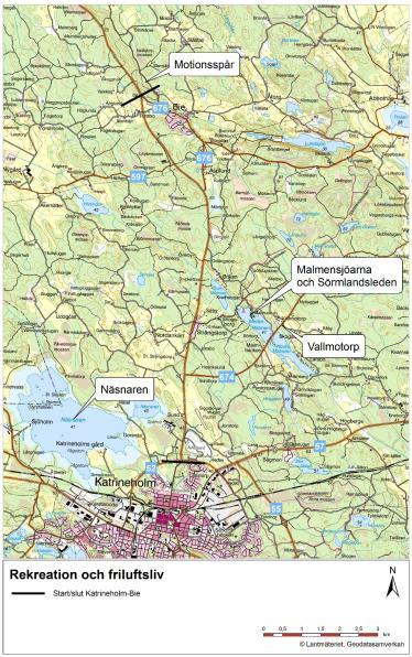 Figur 4.4.4.1 Områden för rekreation och friluftsliv som har uppmärksammats längs den aktuella sträckan. 4.4.5.