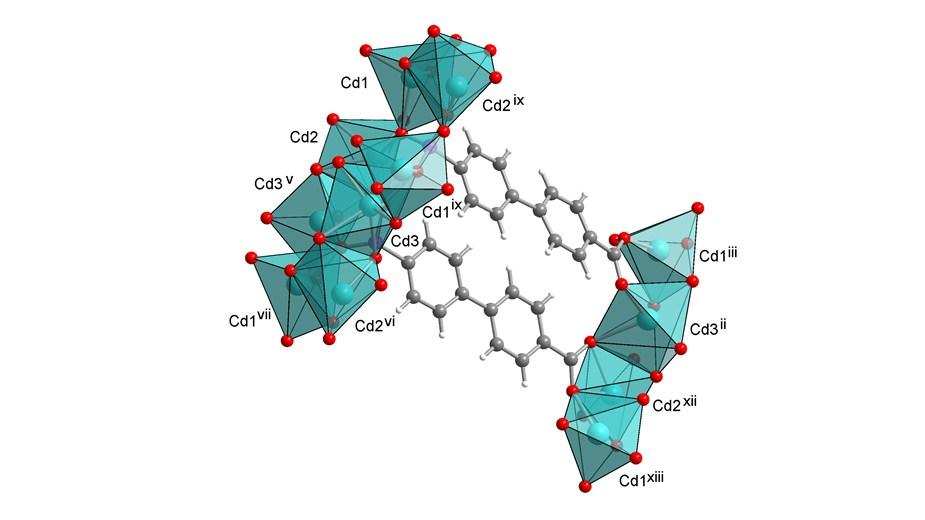 Fig. S31 Expanded asymmetric unit of 7 with drawing of ball-and-stick model and Cd x polyhedra highlighted(left).