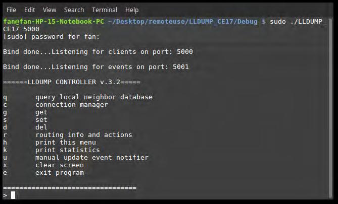 Εφαρμογή στο στοιχείο Ελέγχου 65 query local neighbor database connection manager get set delete routing info and actions print this menu print statistics manual update event notifier clear screen