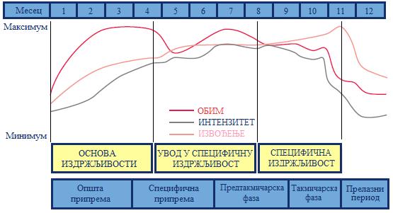 УВОД Слика 25. Крива обима, интензитета и спортског извођења током различитих фаза тренажног процеса усмереног развоју аеробне издржљивости.