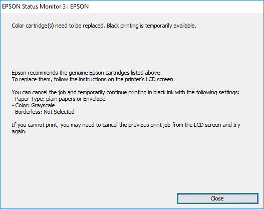 Αντικατάσταση δοχείων μελανιού και λοιπών αναλώσιμων Προσωρινή εκτύπωση με μαύρο μελάνι Windows 1. Όταν εμφανίζεται το ακόλουθο παράθυρο, ακυρώστε την εκτύπωση.