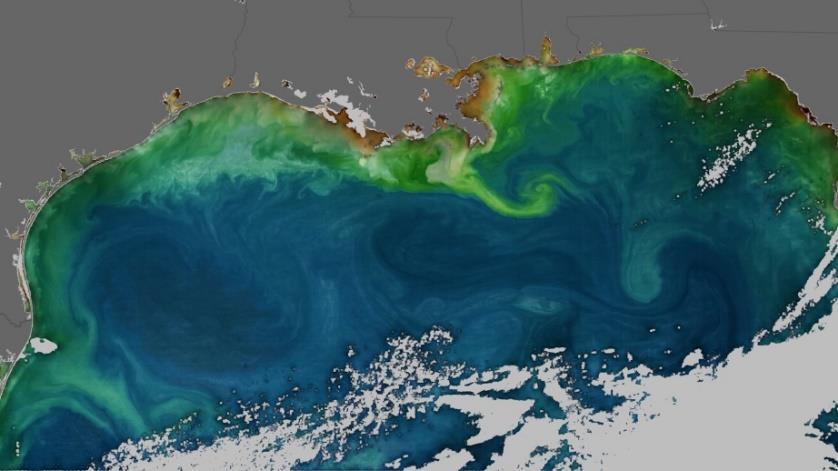 Σχήμα 3.33 Ωκεάνιο Χρώμα (Κόλπος Μεξικού) (Πηγή: https://svs.gsfc.nasa.gov/) Οι μετρήσεις του χρώματος των ωκεανών βασίζονται σε ηλεκτρομαγνητική ενέργεια στο ορατό μήκος κύματος (400-700 nm).