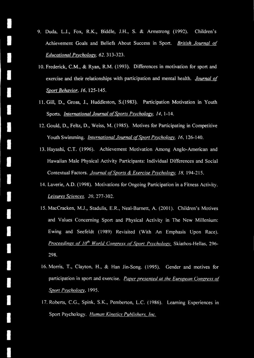 , Gross, J., Huddleston, S.(1983). Participation Motivation in Youth Sports. International Journal of Sports Psychology. 14. 1-14. 12. Gould, D., Feltz, D., Weiss, M. (1985).