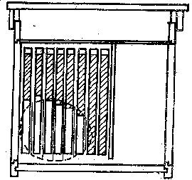 Fig. 70. Amplasarea unilaterală a rezervelor de hrană în cuib 4.3.5.2. Aranjarea proviziilor de hrană în stupii verticali şi multietajaţi La familiile puternice care iernează în stupi verticali (fig.