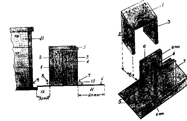 Fig. 53 Dispozitiv special împotriva furtişagului şi a viespilor (după ARSU, 1983, citat de BURA, 1996):A Secţiune transversală: 1 peretele lateral; 2 peretele din spate; 3 peretele din faţă; 4 şipca