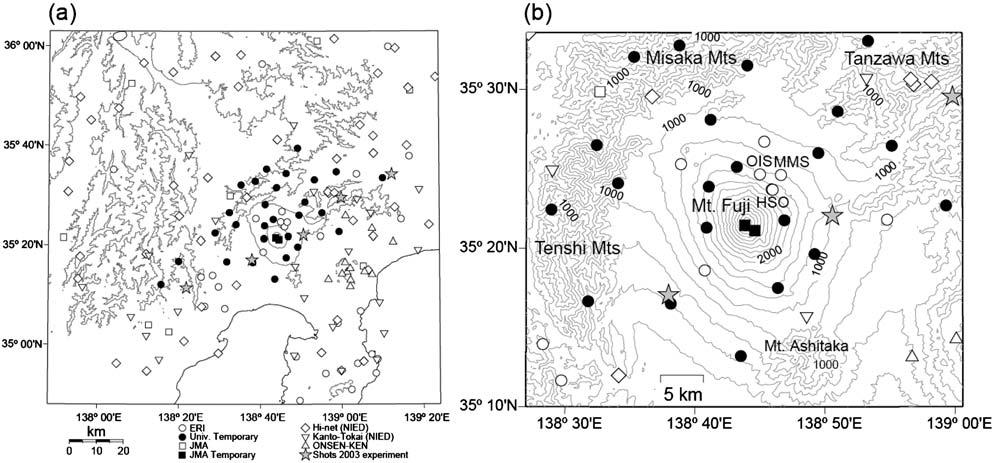 Table,. A list of temporal seismic stations on and around Fuji volcano. Fig. +.