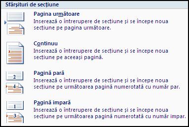 lat putem schimba orientarea paginii, astfel încât el să se listeze cu orientare Vedere, după care să revenim la orientarea Portret normală). Pentru aceasta, documentul trebuie împărţit în secţiuni.
