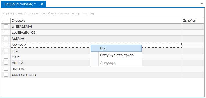 Επεξεργασία εγγραφής Για να επεξεργαστείτε μια εγγραφή στην καρτέλα «Βαθμοί Συγγένειας» απλά πατήστε στο πεδίο της στήλης «Ονομασία» και διορθώστε ή πληκτρολογήστε για την