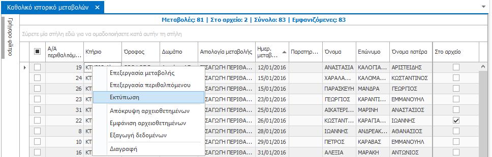 Ημερολόγιο εισερχόμενων και εξερχόμενων Περιθαλπόμενων Για να προβάλλετε και να εκτυπώσετε το Ημερολόγιο εισερχόμενων και εξερχόμενων Περιθαλπόμενων, πατήστε το κουμπί «Εκτύπωση» στη Γραμμή Μενού.