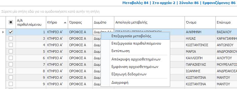 Διαχείριση Μεταβολών Εκτός από τις λειτουργίες αναζήτησης, στο «Καθολικό Ιστορικό Μεταβολών», μπορείτε να χρησιμοποιήσετε το αναδυόμενο μενού για να χρησιμοποιήσετε τις λειτουργίες επεξεργασίας και