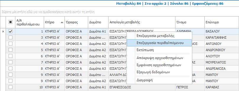 Επεξεργασία περιθαλπόμενου Για να επεξεργαστείτε εκ νέου τα στοιχεία ενός Περιθαλπόμενου, για τον οποίο έχει καταχωρηθεί μια μεταβολή, επιλέξτε την εγγραφή της μεταβολής από τον συγκεντρωτικό πίνακα