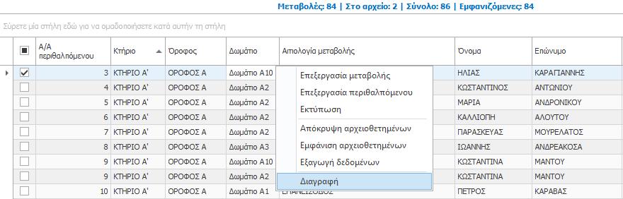Διαγραφή μεταβολής Για να διαγράψετε μια μεταβολή, επιλέξτε την εγγραφή της μεταβολής και πατήστε το κουμπί