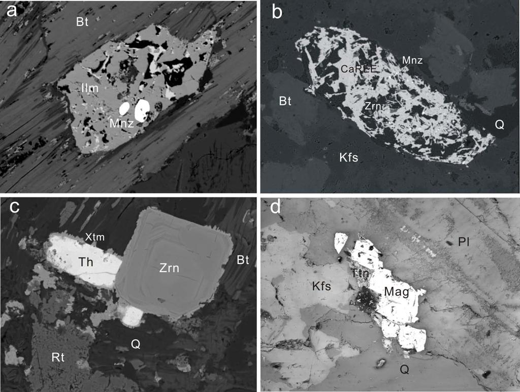 Supplementary Figure 3 Selected characteristic textures observed in the granites (a) primary monazite-(ce) in ilmenite.
