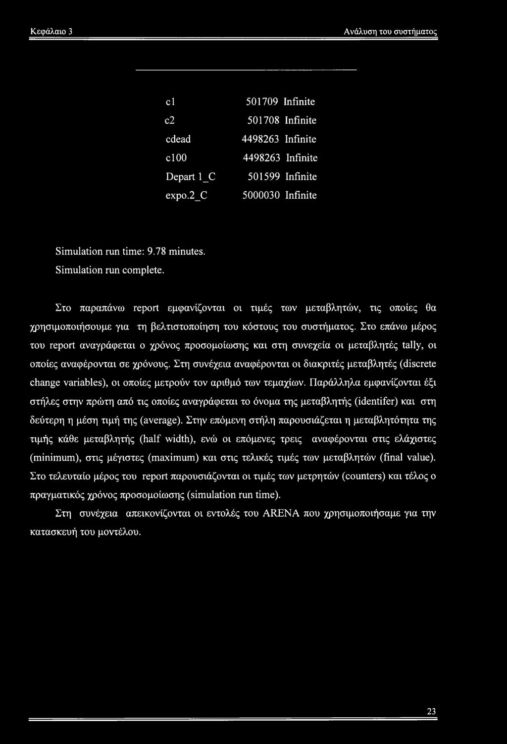 Στο επάνω μέρος του report αναγράφεται ο χρόνος προσομοίωσης και στη συνεχεία οι μεταβλητές tally, οι οποίες αναφέρονται σε χρόνους.