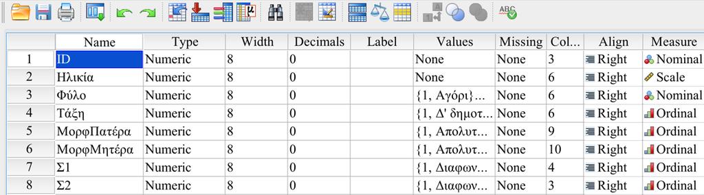 Πως Καταχωρούμε τα Δεδομένα στο SPSS (3) Values: Ετικέτες των τιμών ονομαστικής ή τακτικής μεταβλητής (π.χ. 1=Αγόρι 2=Κορίτσι) Missig: Κωδικός ή κωδικοί που έχουν χρησιμοποιηθεί για να υποδηλώσουν την απουσία τιμών.