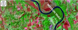 Ảnh Landsat TM 2-4-7 (B,G,R) -Thực vật: xanh lá - Đất khô: đỏ nâu - Cánh đồng bỏ hoang: đỏ nâu - Công trình đô thị: tím nhạt -Nước sạch: đen - Sông Missouri: xanh đậm RGB Ñaëc ñieåm nhaän dieän 3-2-1