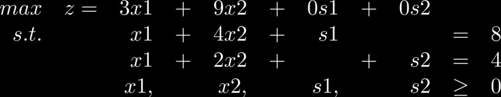 s2 RHS Ratio 9 x2 0 1 1/2-1/2 2 3 x1 1 0-1 2 0 Wj 3 9 3/2 3/2 18 Cj-Wj 0 0-3/2-3/2 η x2 εισέρχεται στη βάση και η s1 επιλέγεται αυθαίρετα