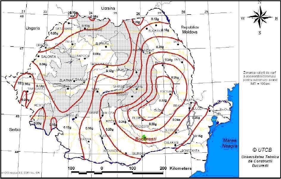 Figura nr. 2.6. Zonarea valorii de vârf a acceleraţiei terenului pentru cutremure având perioada de revenire de 100 de ani.
