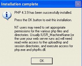 Εικόνα 5.23. Τελική οθόνη σωστής εγκατάστασης Μετά την ολοκλήρωση της εγκατάστασης της Php, θα πρέπει να διαµορφώσουµε το αρχείο httpd.conf ώστε να τρέχει η Php στον Apache Server.