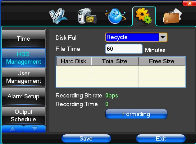 pentru a seta data/ora corecta in DVR Administrare HDD: Disk Full Selectati operatiunea pe care sa o execute DVR-ul in cazul in care HDD-ul este plin File Time Selectati lungimea unui fisier
