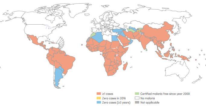 Ελονοσία ενδημική σε 91 χώρες (Π.Ο.Υ., 2016) Εκτιμήσεις Π.Ο.Υ. 2016: 216 εκατ. κρούσματα (90% κρουσμάτων: σε Αφρική) 445.