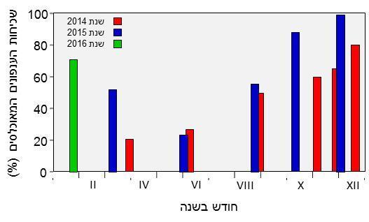 לשם ניתוח הנתונים חושבה השכיחות של העצים בכל חזרה שפוטנציאל היבול שלהם היה גבוה ושכיחות העצים בכל חזרה שכמות התפרחות שנראו עליהן תסמיני התייבשות הייתה בינונית או גדולה )דרגות 2+3(. 3.4.
